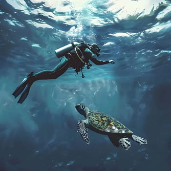 A scuba diver glides gracefully through the crystal-clear water, encountering a majestic sea turtle. The diver's silhouette against the sunlit ocean creates a picturesque underwater scene, showcasing the beauty and tranquility of the marine world.