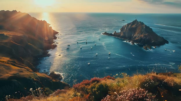 A stunning sunset over a dramatic coastline. The sun's rays illuminate the rocky cliffs and the ocean below, creating a breathtaking view.