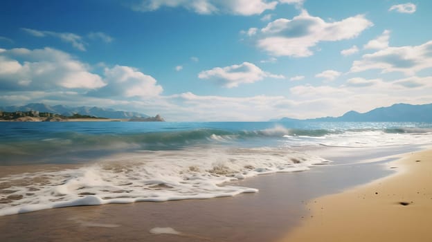 A picturesque view of a serene beach with gentle waves lapping at the shore, under a bright blue sky adorned with fluffy clouds. The scene evokes a sense of calm and tranquility.