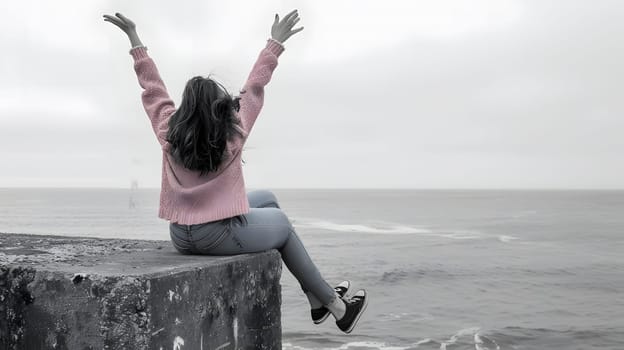 A woman is sitting on a cliff, overlooking the ocean. She is wearing a pink sweater and jeans, and she has her arms raised in the air. The sky is a soft gray, and the water is a deep blue. The image is a beautiful representation of freedom, joy, and serenity.