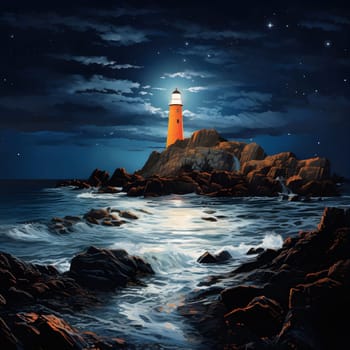 A lighthouse stands tall on a rocky coast, bathed in the soft glow of its beacon under a star-studded night sky. The ocean stretches out before it, reflecting the stars and creating a sense of peace and serenity.