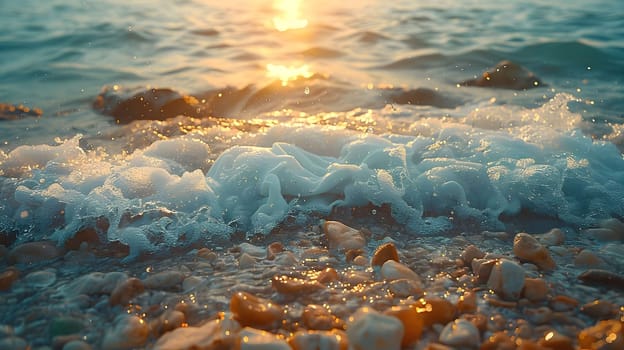 Close-up of foamy waves crashing on a pebbly beach at sunset. Golden light illuminates the water and reflects off the stones.