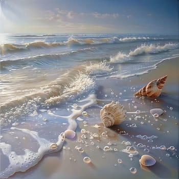 A serene seascape showcasing the beauty of a sandy beach with seashells and foamy waves.