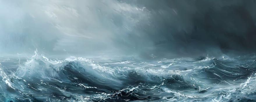 A painting depicting a stormy sea with dark clouds and rough waves.