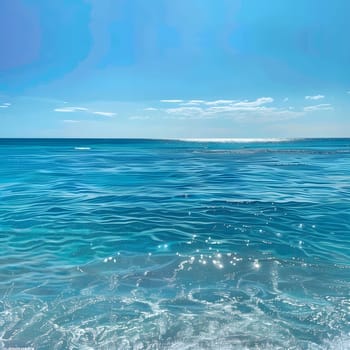 A captivating view of the ocean on a sunny day, with gentle waves and a clear blue sky. The water is shimmering with sunlight, creating a tranquil and mesmerizing scene.