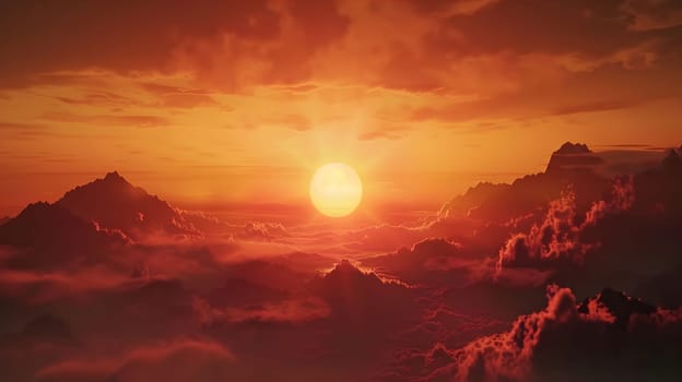 A breathtaking sunset over a majestic mountain range, casting a golden glow over the sky and clouds.