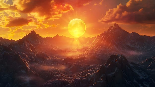 A stunning sunset over a majestic mountain range, with a large glowing sun and dramatic clouds. The scene is peaceful and serene, with warm colors dominating the sky.