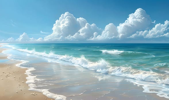 A beautiful seascape with fluffy white clouds against a clear blue sky. The waves gently crash on the sandy beach, creating a serene and relaxing atmosphere.