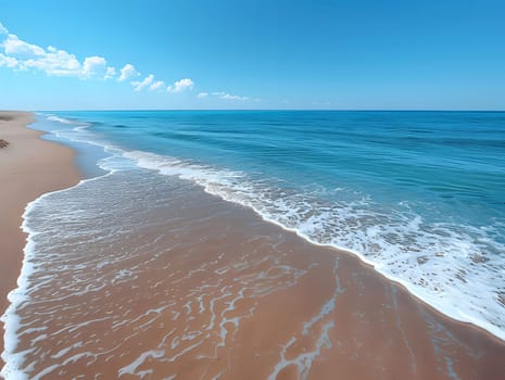 A serene beach scene with clear blue water, white sand, and a bright blue sky.