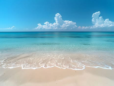 A serene beach with crystal clear turquoise water and white sand, under a bright blue sky with fluffy white clouds.