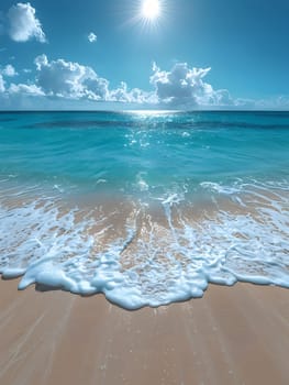 A breathtaking view of a sandy beach with sparkling turquoise water, lapping against the shore, under a bright, sunny sky with fluffy clouds