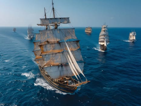 A fleet of majestic tall ships sail across the blue ocean under a clear sky, showcasing the beauty and grandeur of maritime history.