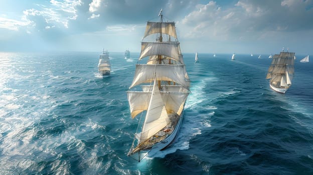 A fleet of sailing ships navigate the vast expanse of the ocean under a bright blue sky dotted with fluffy clouds.