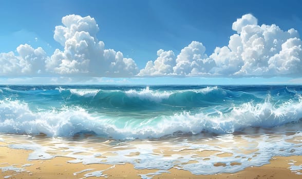 A painting of beautiful ocean waves breaking on a sandy beach, under a blue sky with white fluffy clouds.