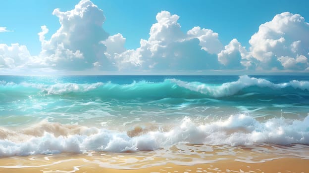 A beautiful painting of an ocean beach with waves crashing on the sand. The sky is blue and sunny with white clouds. This serene landscape is perfect for a relaxing summer vacation.