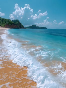A serene beach scene with soft white waves crashing on the sandy shore, against a backdrop of a clear blue sky and fluffy clouds. The idyllic landscape evokes feelings of relaxation and tranquility.