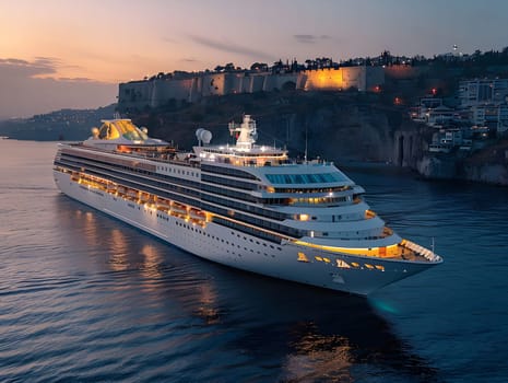 A large cruise ship sails through the water at sunset, with a city skyline visible in the background.