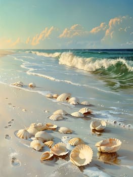 A serene beach scene with seashells scattered on the sand, gentle waves rolling in and a bright blue sky above.