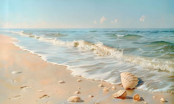 A serene seascape with gentle waves crashing on a sandy shore, showcasing seashells scattered along the coastline.
