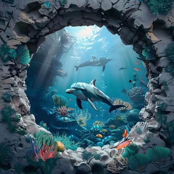 Two dolphins swim through a hole in a rock formation, showcasing an underwater coral reef. Sunlight shines through the water illuminating the scene.