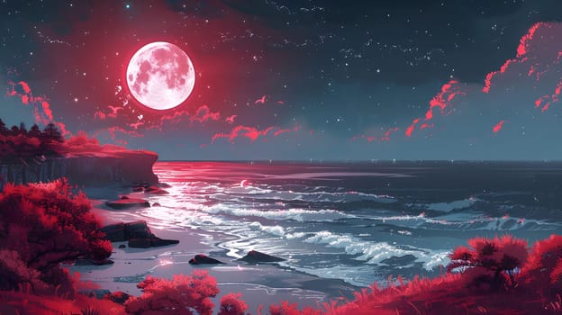 A breathtaking night scene featuring a vibrant red moon glowing over a calm ocean, the starry sky illuminates the horizon