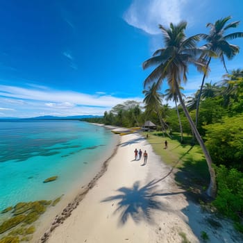 A picturesque tropical beach with crystal clear water, white sand, palm trees, and blue skies.