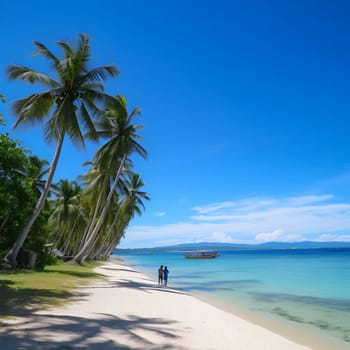 A stunning view of a tropical beach with palm trees swaying in the gentle breeze. The clear blue water sparkles under the bright sunshine, while a couple walks along the white sandy shore, enjoying the idyllic setting.