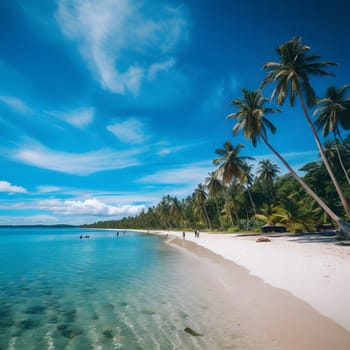 Stunning view of a pristine tropical beach with clear blue water, white sand, and swaying palm trees. The sky is a brilliant blue with fluffy white clouds.