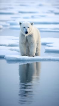 A polar bear stands on an ice flow in the arctic, its reflection visible in the water below.