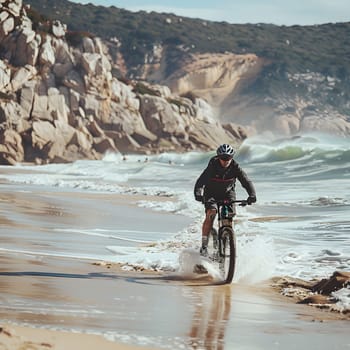 A man is riding a bike on a beach with a mountainous coastline and waves in the background.
