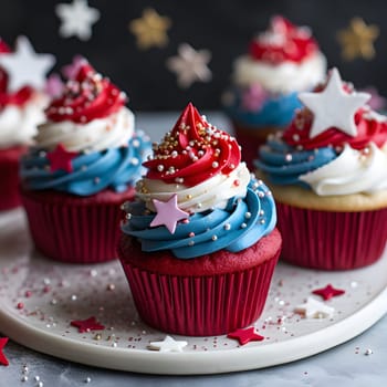 A close-up shot of three red velvet cupcakes decorated with white and blue frosting and stars. The cupcakes are arranged on a white plate and surrounded by sprinkles.