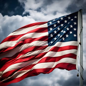 A vibrant American flag proudly waves in the wind against a backdrop of cloudy sky, symbolizing freedom and patriotism.