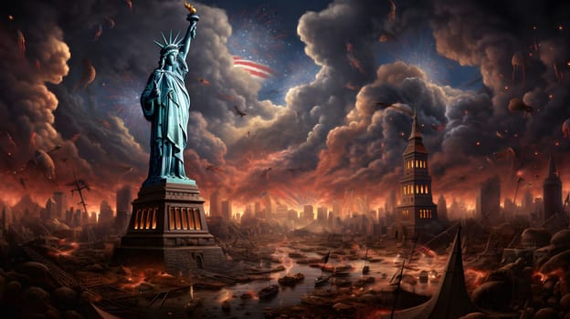 The Statue of Liberty stands tall against a backdrop of fiery destruction, a beacon of hope in a world on the brink of chaos. The image is a powerful commentary on the resilience of the human spirit in the face of adversity.