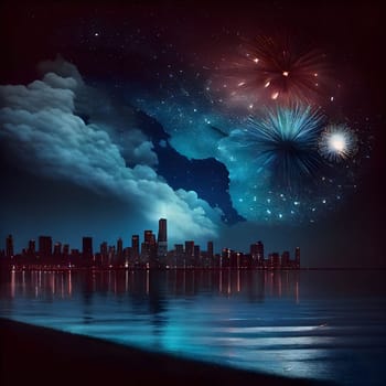 A beautiful night scene featuring fireworks over a city skyline with a water reflection and dark clouds.