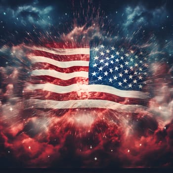 A vibrant American flag is displayed against a backdrop of exploding fireworks, symbolizing the country's patriotism and celebration.