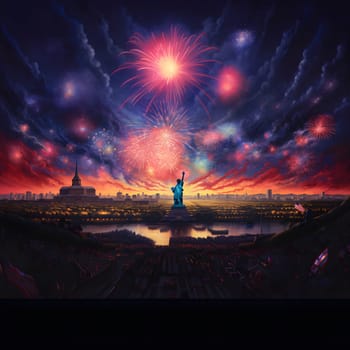 A dazzling display of fireworks illuminates the night sky over the Statue of Liberty in New York City. The vibrant colors and the majestic figure create a breathtaking spectacle of patriotism and celebration.