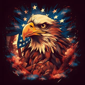 A majestic bald eagle with its head turned to the side, showcasing its sharp beak, piercing eyes, and intricate feathers. The eagle is depicted against a backdrop of the American flag, symbolizing patriotism and freedom.