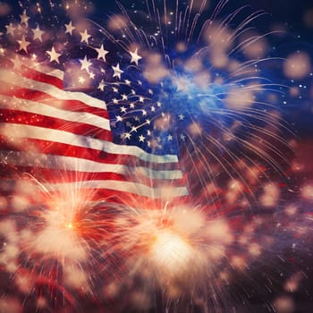 A vibrant display of fireworks erupts behind the American flag, creating a patriotic and festive atmosphere.