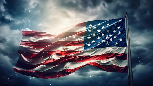 A close-up shot of the American flag waving proudly in the wind against a dramatic stormy sky.