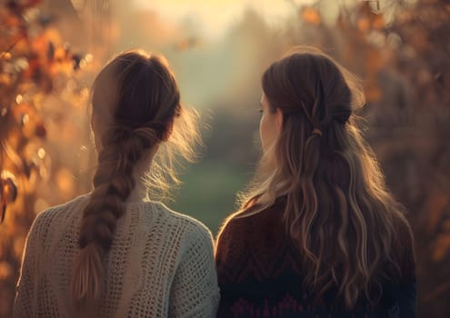 Two women stand back to back, looking away from the camera. They are both wearing warm sweaters and have long blonde hair.
