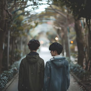 Two young men are walking through a tunnel of trees. They are dressed casually and appear to be friends, possibly a couple. The image has a soft, dreamy feel, and the background is blurred, creating a sense of depth and mystery.
