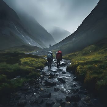 Two hikers with backpacks walk along a misty mountain stream through a lush green valley.