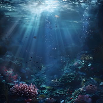 A beautiful underwater scene with sunbeams illuminating the ocean floor and a colorful coral reef.
