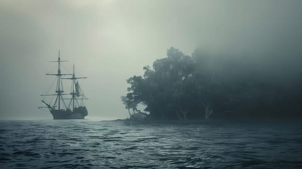 A tall sailing ship cuts through the thick fog, creating a mysterious and atmospheric scene.