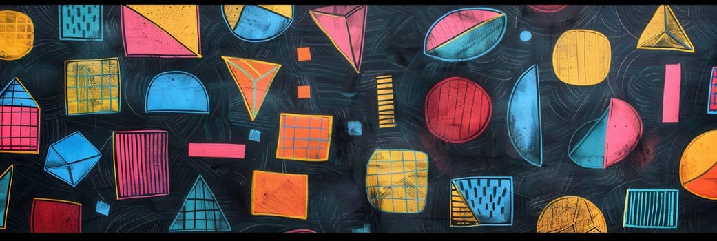 A blackboard showcases vibrant patterns and various geometric shapes, reflecting a lively atmosphere of creativity and artistic exploration.