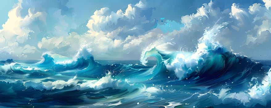 A picturesque illustration of a blue ocean with white foam waves crashing under a blue sky with white clouds.