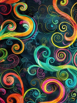 A chalkboard is filled with vibrant spirals and abstract shapes drawn with colorful chalk, showcasing creativity and artistic expression during an art activity.