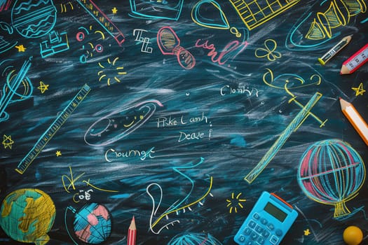A vibrant chalkboard features artistic brush strokes and detailed drawings of globes, rulers, calculators, and motivational phrases, inspiring a learning environment.