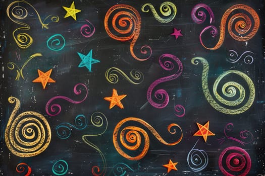 A chalkboard features an array of colorful spirals, abstract shapes, and stars, showcasing creativity in an art class setting.