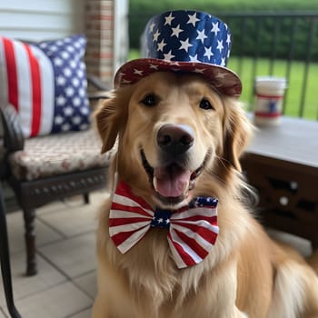 A happy golden retriever dog wearing a festive American flag hat and bow tie, celebrating Independence Day or other patriotic occasions.